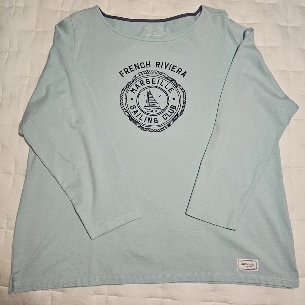 Talbots Boat Neck, Long Sleeve 100% Cotton Top: Aqua Blue W/ Navy: Size- 2X